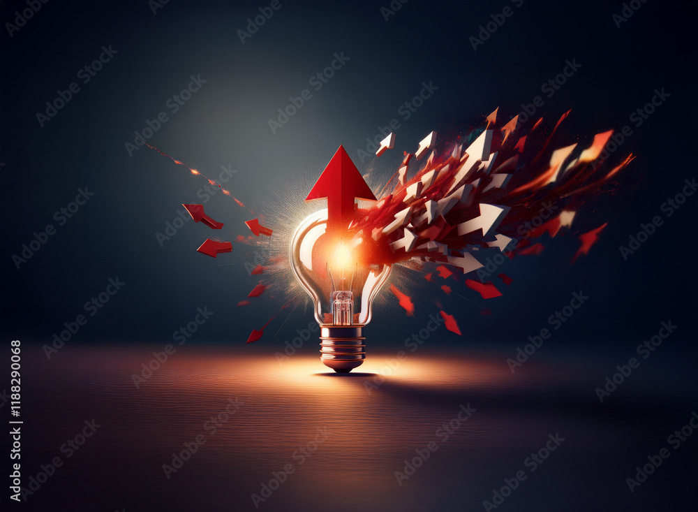 Poster a glowing lightbulb explodes with red and white arrows, symbolizing innovative growth and explosive 