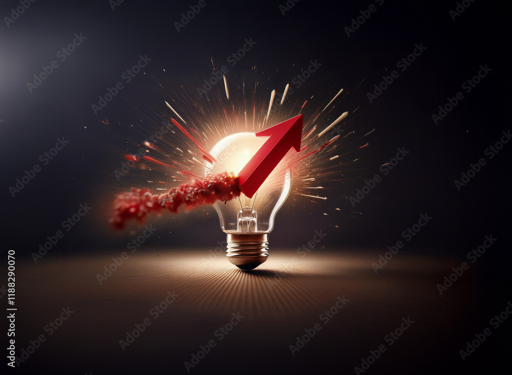 Poster a glowing lightbulb explodes with energy, a red arrow soaring upward amidst sparkling particles. it 