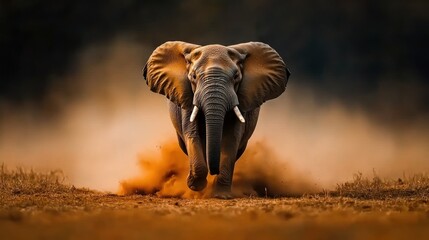 Fototapeta premium Elephant charging in dusty savanna at sunset.