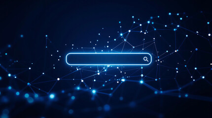 Futuristic search bar with glowing blue outline, magnifying glass icon, and placeholder text "a", on a network background. Ideal for technology, search, internet, and AI visuals.

