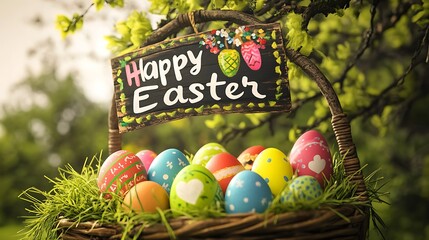 A basket of colorful Easter eggs, surrounded by green grass, and a hand-painted "Happy Easter" sign hanging from a tree branch.