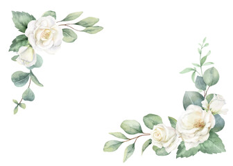 Watercolor vector corner border frame. Green eucalyptus leaves and white roses. Greenery clipart for wedding invitation, greeting cards, save the date, stationery design. Hand drawn illustration.