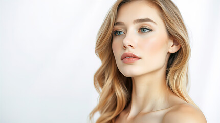 Fototapeta premium Portrait of beautiful female model from right side on blurred white background with pearlescent bokeh, skin care, body care, beauty salon