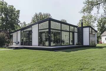 Black and white house with glass features in a calm area.