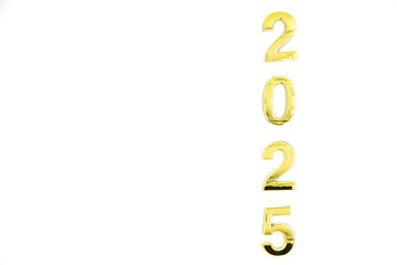 Obraz premium Gold 2025 numerals on a white background. 2025 New Years Eve Celebration, Holiday background Happy New Year 2025. Numbers of year 2025, celebrating New Year holiday, Space for text