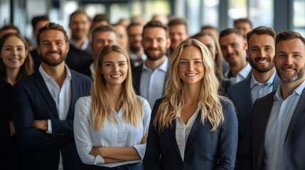 A large group of business people standing together in an office, smiling and looking at the camera. The crowd is diverse with men women all ages dressed smartly. Use wide angle lens to capture everyon