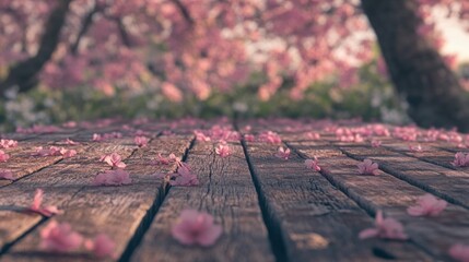 Fototapeta premium Serene Spring: Pink Blossoms on Wooden Deck