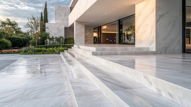 Clean lines and large steps accentuate a grand marble entryway.