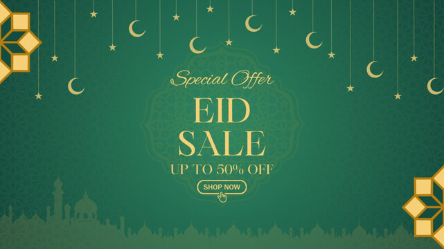 Eid Sale Banner, Islamic Ornament Lantern, moon, star and mosque green Background