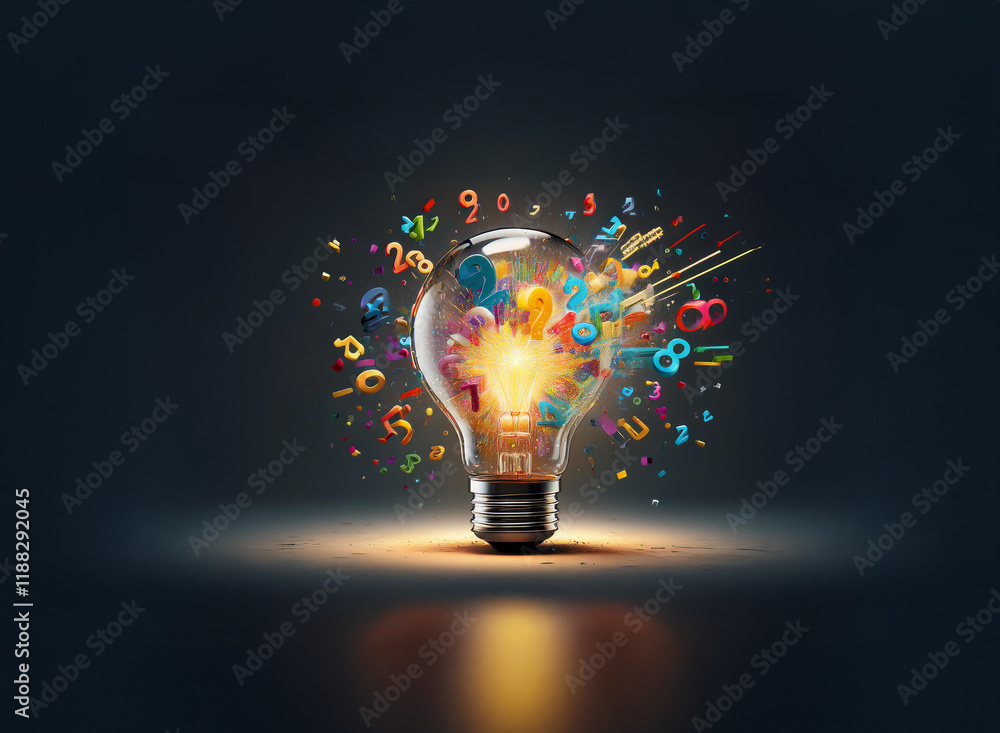 Poster a glowing lightbulb bursts with colorful numbers and symbols, representing a bright idea or innovati