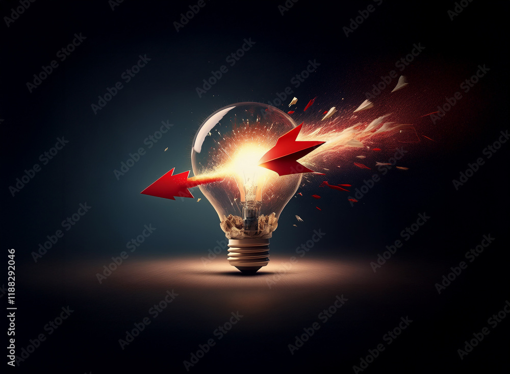 Poster a lightbulb explodes with fiery energy, two red arrows pointing in opposite directions pierce throug