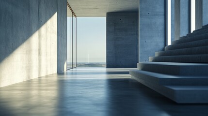 Obraz premium Modern concrete building interior with stairs and window view.
