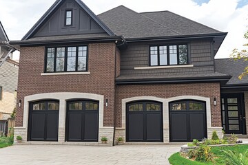 Obraz premium Luxurious exterior with brown brick and gray trim.