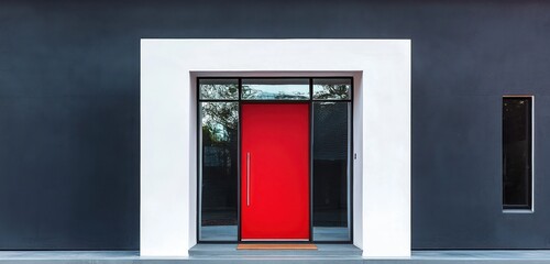 Obraz premium Modern red front door with glass and minimalist frame.