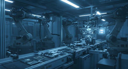 A futuristic factory floor, illuminated by a cool blue light, showcasing the power and precision of industrial robotics. This description focuses on the visual elements and the role of robotics in the