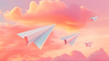 Four paper airplanes soar through a vibrant sunset sky filled with fluffy pink and orange clouds.