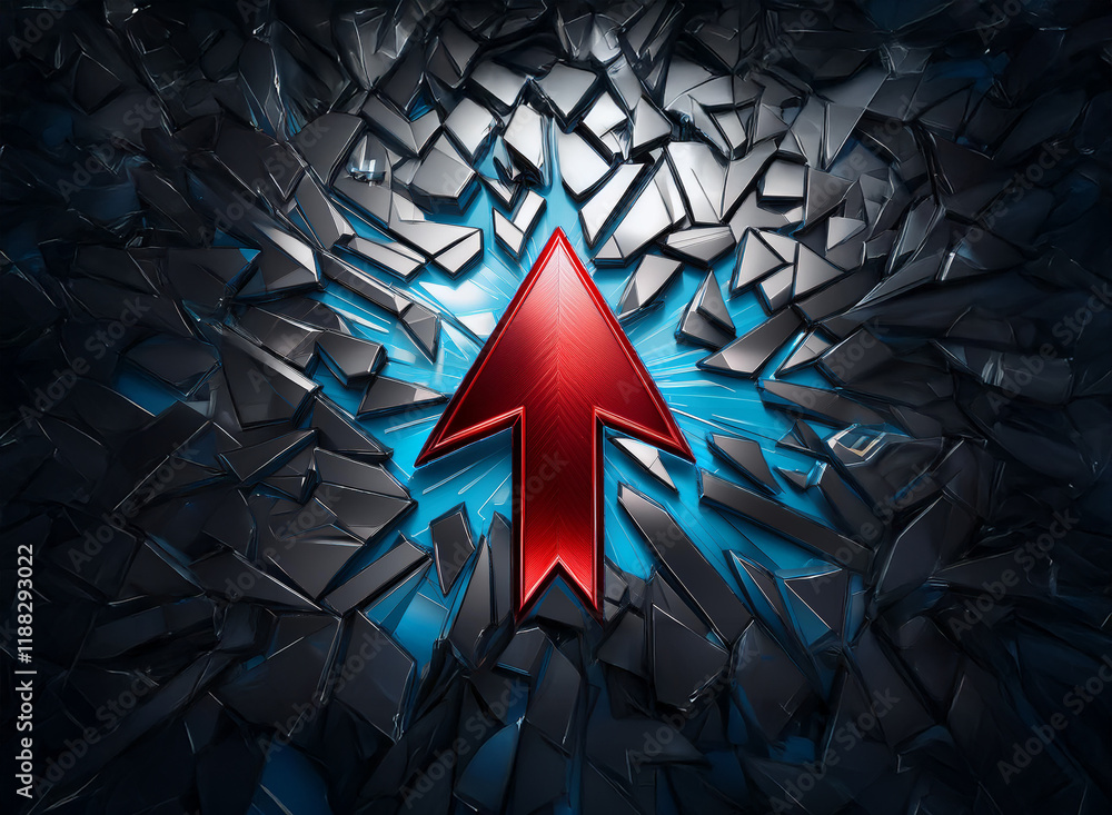 Poster A vibrant red arrow powerfully breaks through shattered metallic fragments, a symbol of resilience and upward progress.  The sharp edges of the broken pieces create a dramatic contrast with the smooth