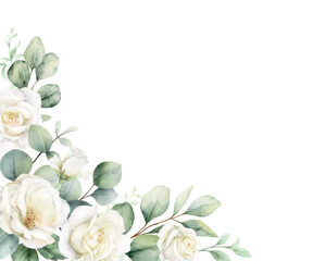 Watercolor vector corner border frame. Green eucalyptus leaves and white roses. Greenery clipart for wedding invitation, greeting cards, save the date, stationery design. Hand drawn illustration.