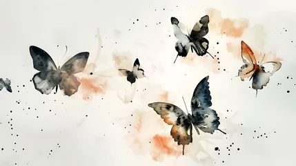 Photo sur Plexiglas Minimalistic portrayal of flying butterflies in watercolor ink, focusing on their lightness and ethereal presence.