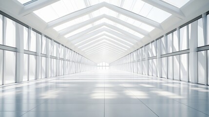 Bright, modern corridor with glass walls and high ceiling.