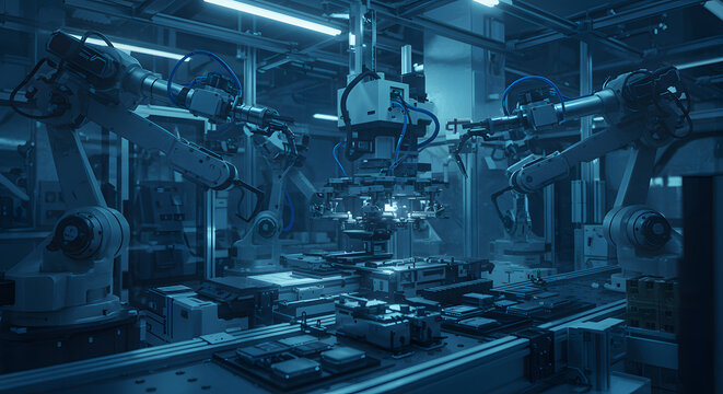A glimpse into the future of manufacturing, with robotic arms carrying out complex operations in a sleek, modern factory. This description highlights the image's futuristic aspect and its relevance to