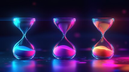 Three glowing neon hourglass timers with colorful sand, reflecting on dark surface.