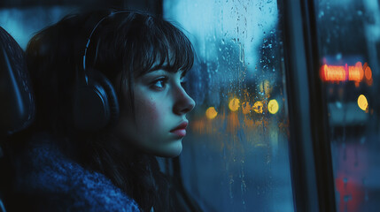 A realistic photo of a girl wearing headphones sitting on a bus, looking out the window as it rains outside on a dark day.