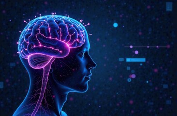 A futuristic human brain with glowing complex neural networks and formulas on a blue background. The concept of studying brain activity in scientific research