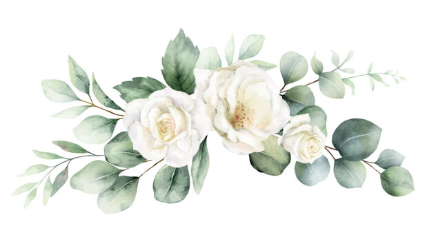 Watercolor vector wreath of ivory rose, sage green foliage, greenery and eucalyptus leaves. Floral background. Perfect for wedding, greetings, wallpapers, fashion, fabric. Hand painted illustration.