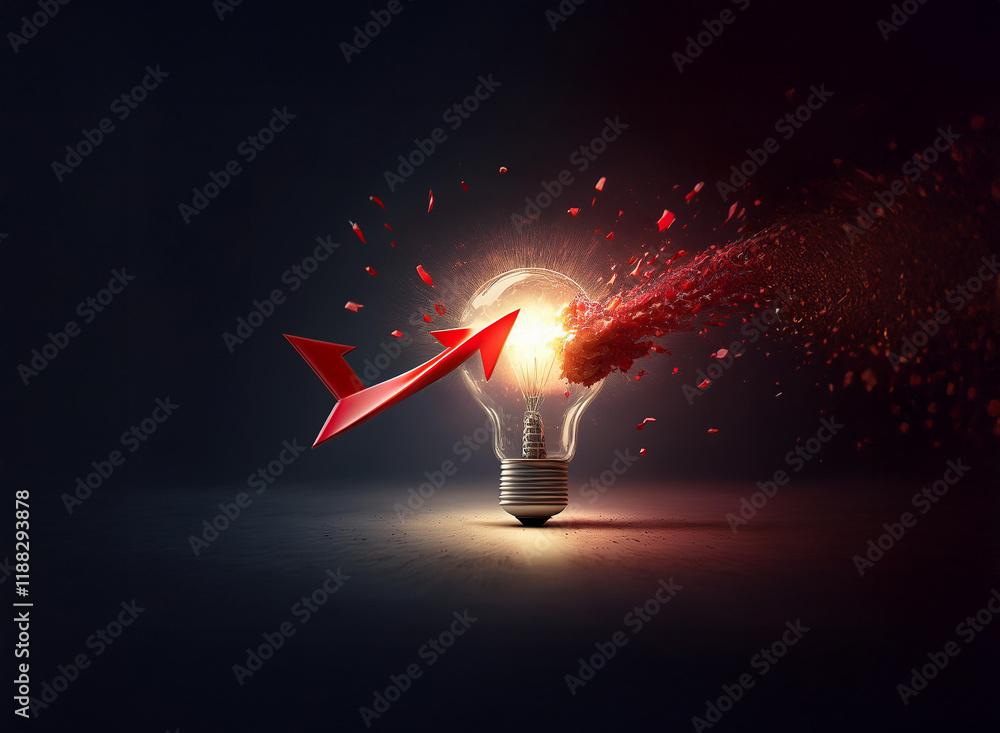 Poster a glowing lightbulb is struck by a red arrow, causing it to shatter into glowing fragments. the imag