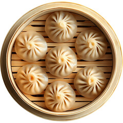 Extreme top view of an extremely perfect looking Espresso Dumpling in a bamboo steamer basket isolated on a white transparent background