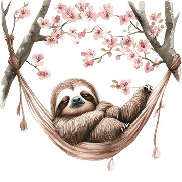 A sloth relaxing in a hammock surrounded by beautiful pink flowers.