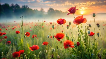Fototapeta premium Vines of scarlet poppies swaying gently in morning misty dawn, amidst soft green grass and wildflowers