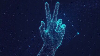 Abstract digital hand showing victory sign against a dark starry background.