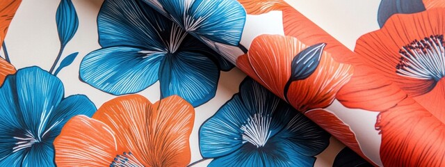 Obraz premium Vibrant Teal and Burnt Orange Floral Fabric Design Detailed Close Up Textile Texture
