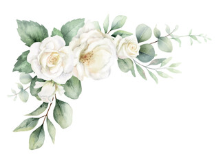 Watercolor vector corner border frame with green eucalyptus leaves and white roses. Greenery clipart for wedding invitation, greeting cards, save the date, stationery design. Hand drawn illustration.