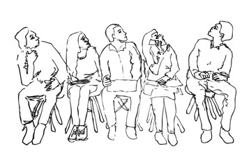 Sketch of People Sitting on Chairs and Looking Up, simple vector illustration