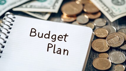 cost living expenses concept. Budget planning with notes and coins on a wooden table next to dollar bills.