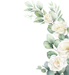 Watercolor vector wreath of ivory rose, sage green foliage, greenery and eucalyptus leaves. Floral background. Perfect for wedding, greetings, wallpapers, fashion, fabric. Hand painted illustration.