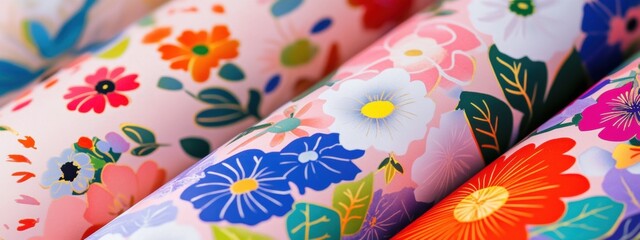 Obraz premium Vibrant Floral Design Pink Background Gift Wrap Paper Rolls Close Up