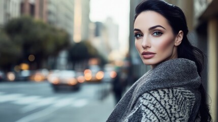 Elegant Woman in City Street, Fashionable Look, Grey Coat