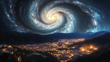 Night city skyline with swirling galaxy overhead. (1)