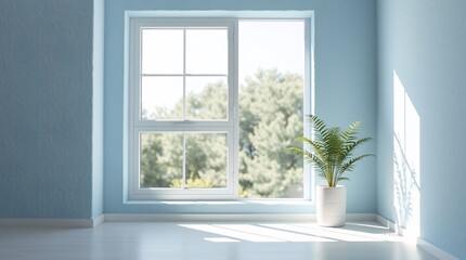 Bright and serene minimalist room featuring light blue walls, a sunlight window, and a potted green plant, evoking simplicity and tranquility
