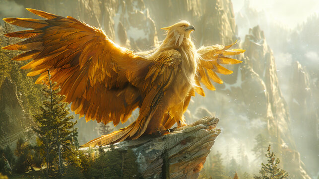 Imagination fantasy of beautiful eagle bird with golden feathers perched on the rock of mountain and waterfall in the wild and pine forest and natural sunlight of fairy tale story - Powered by Adobe