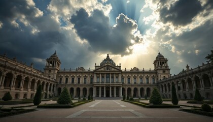 Naklejka premium Baroque Palace Under Dramatic Skies with Sun Rays Piercing Through Storm Clouds