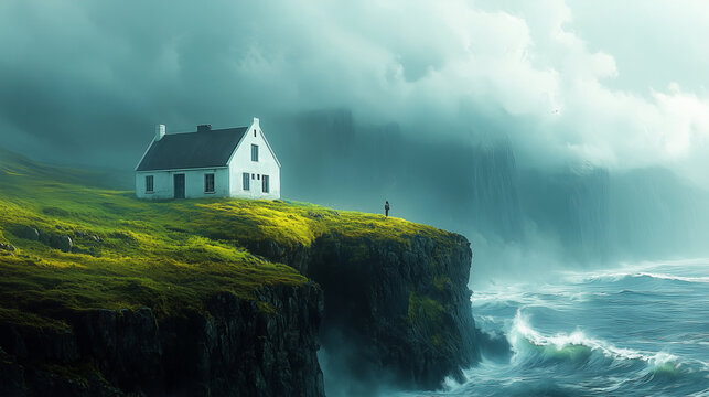 Iconic Ellidaey Island Home in Iceland, a small, solitary white house with a dark roof, nestled on a lush, grass-covered island surrounded by the vast North Atlantic Ocean.