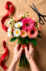 Top view florist collects bouquet of flowers with red ribbon. Flower delivery concept