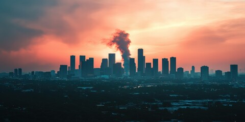 cost living expenses concept. City skyline under a vibrant sunset with smoke rising, creating a dramatic urban landscape.