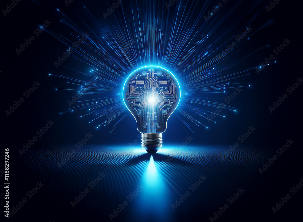 Poster a glowing lightbulb, radiating blue energy streams, symbolizes innovation and technological advancem