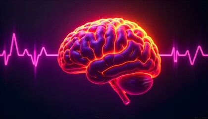 Brain wave marketing, a brain surrounded sound waves in vivid shades of dark purple and bright violet